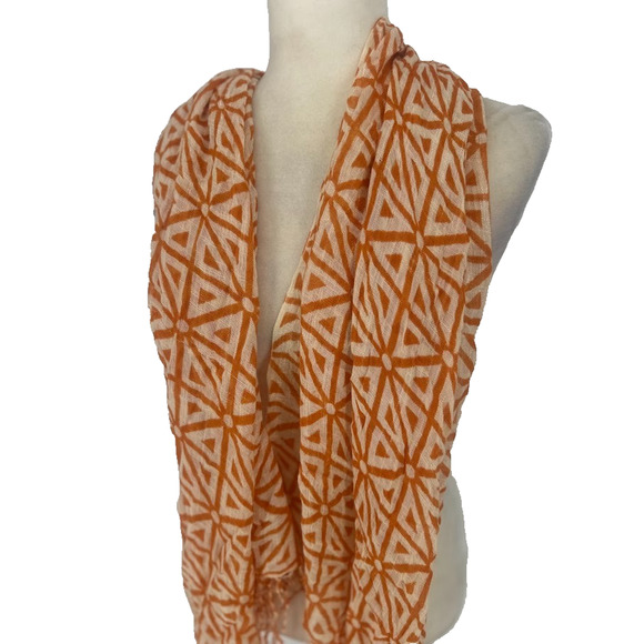 Spartina 449 Orange Cream Geometric Patterned Scarf Fringe Viscose Lightweight - Picture 3 of 6